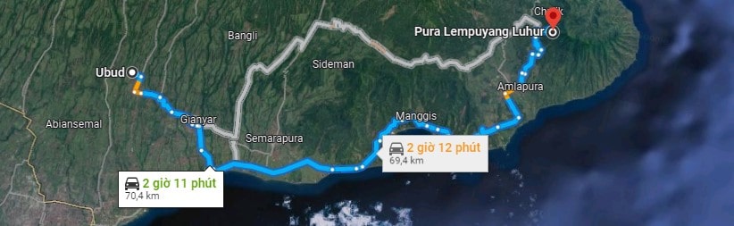 Bản đồ từ Payangan đến Pura Lempuyang