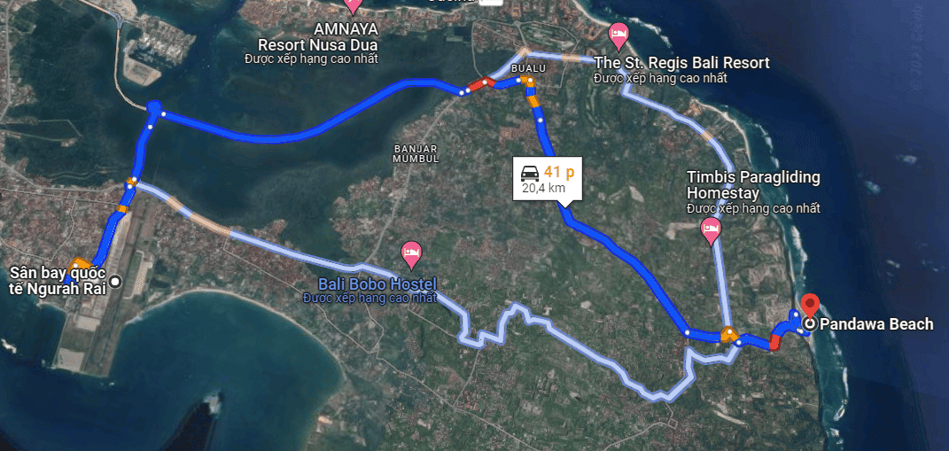 Bản đồ từ sân bay quốc tế Denpasar Ngurah Rai đến bãi biển Pandawa